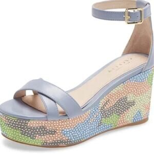 Cecelia New York Bella Camo Crystal Detailed Platform Ankle Strap Wedges Sandals